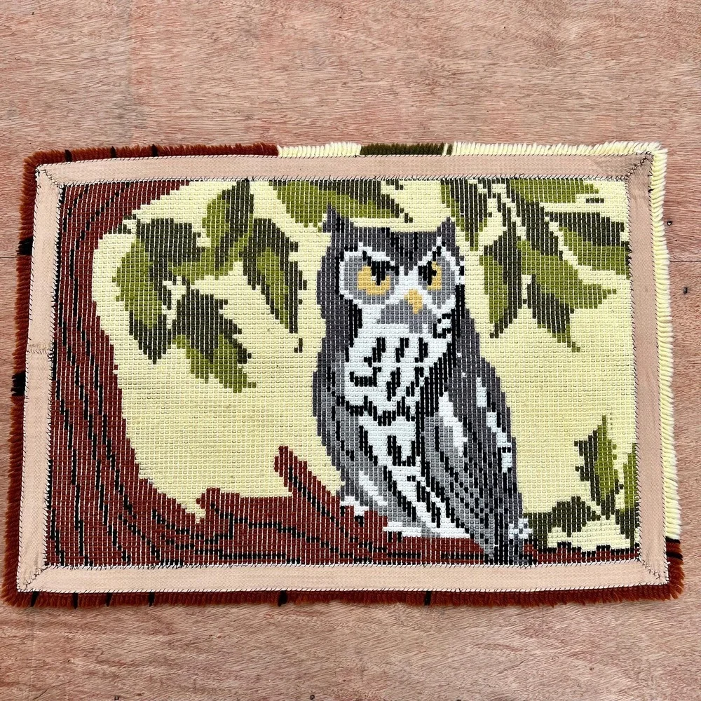 Vintage MCM 1970s Latch Hook Owl Rug or Wall Decor